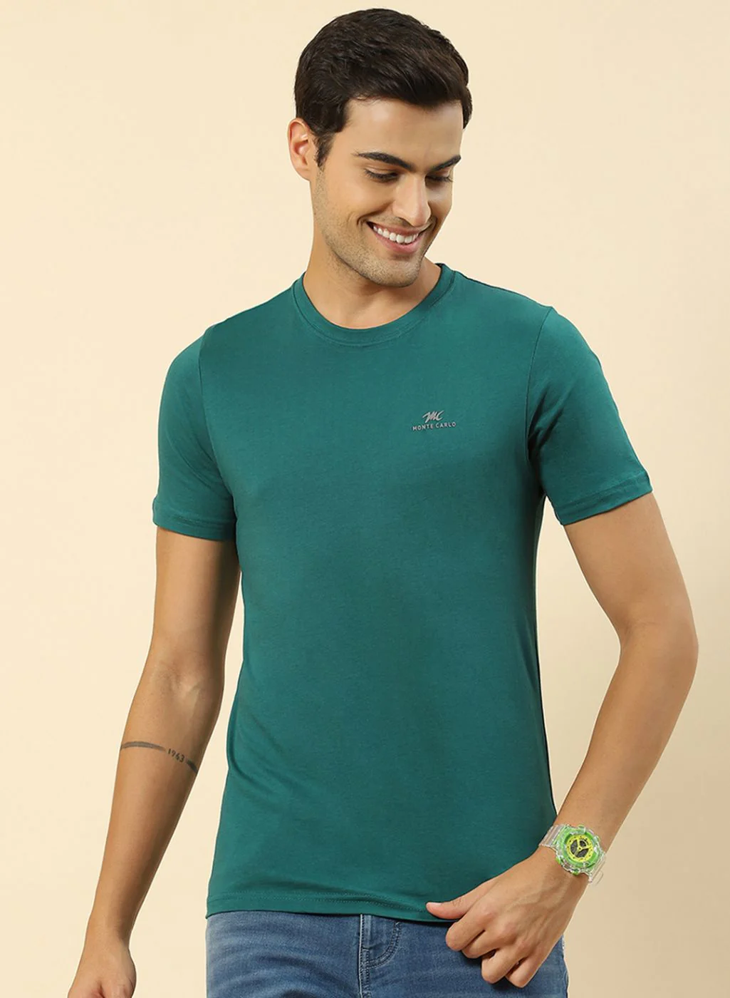 Men Sky Blue, Green & Navy Blue Pack of 3 Plain T-Shirt - Image 2