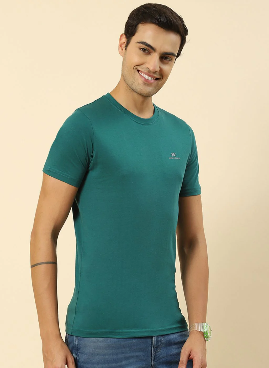 Men Sky Blue, Green & Navy Blue Pack of 3 Plain T-Shirt - Image 4