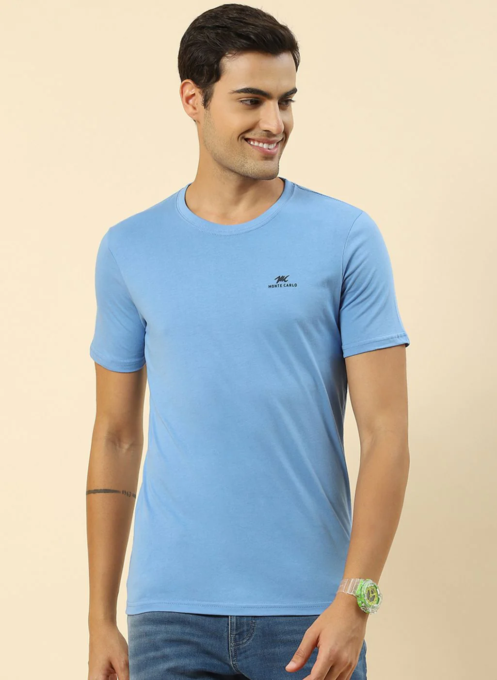 Men Sky Blue, Green & Navy Blue Pack of 3 Plain T-Shirt - Image 6