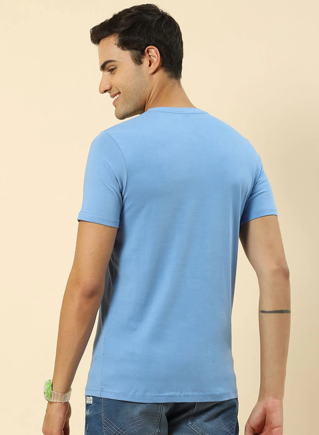 Men Sky Blue, Green & Navy Blue Pack of 3 Plain T-Shirt - Image 7