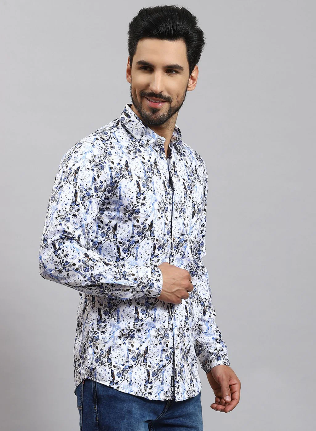 Men Blue Printed Pure Cotton Shirt - Image 4