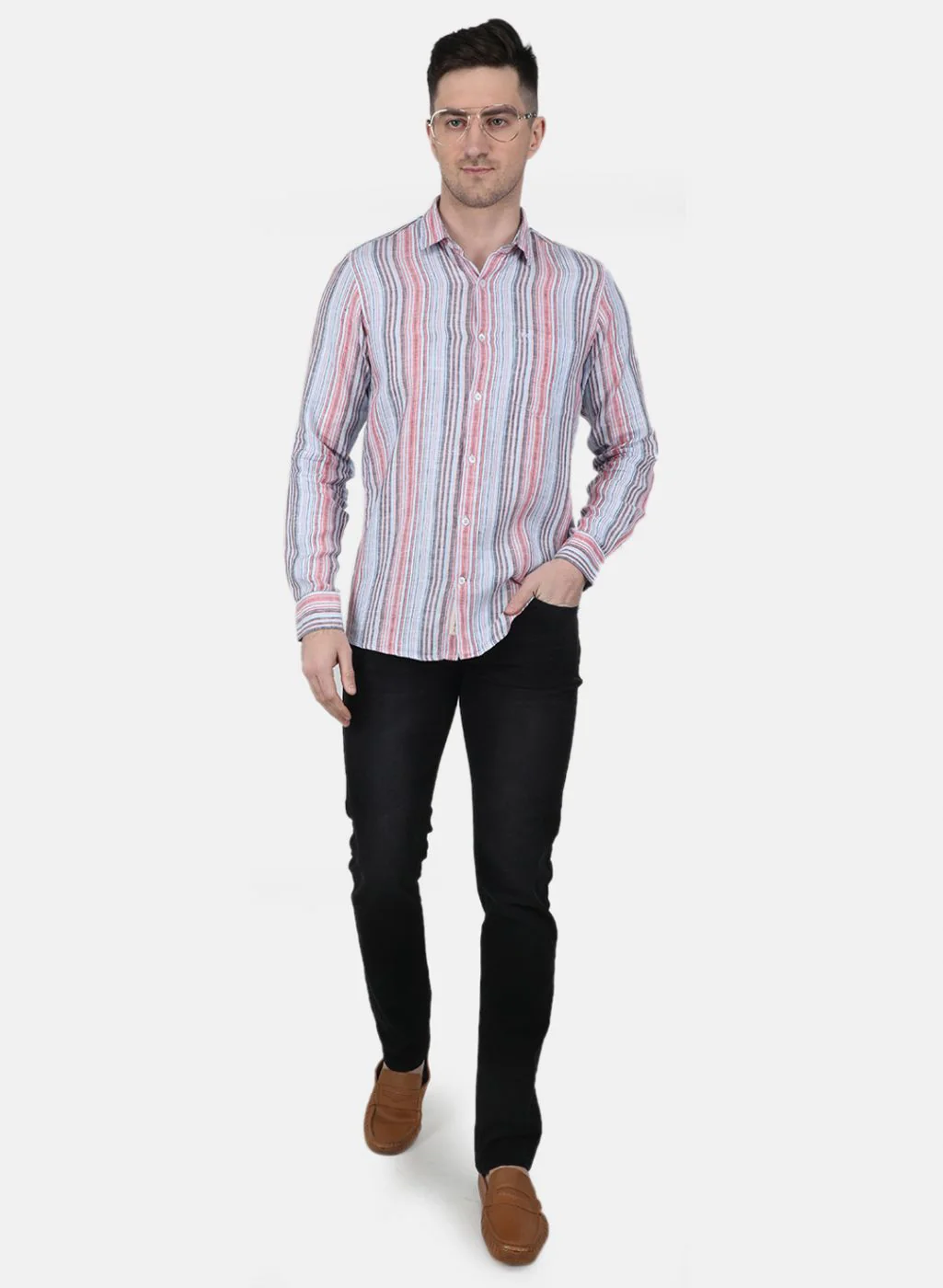 Men Blue Printed Linen Shirt - Image 4