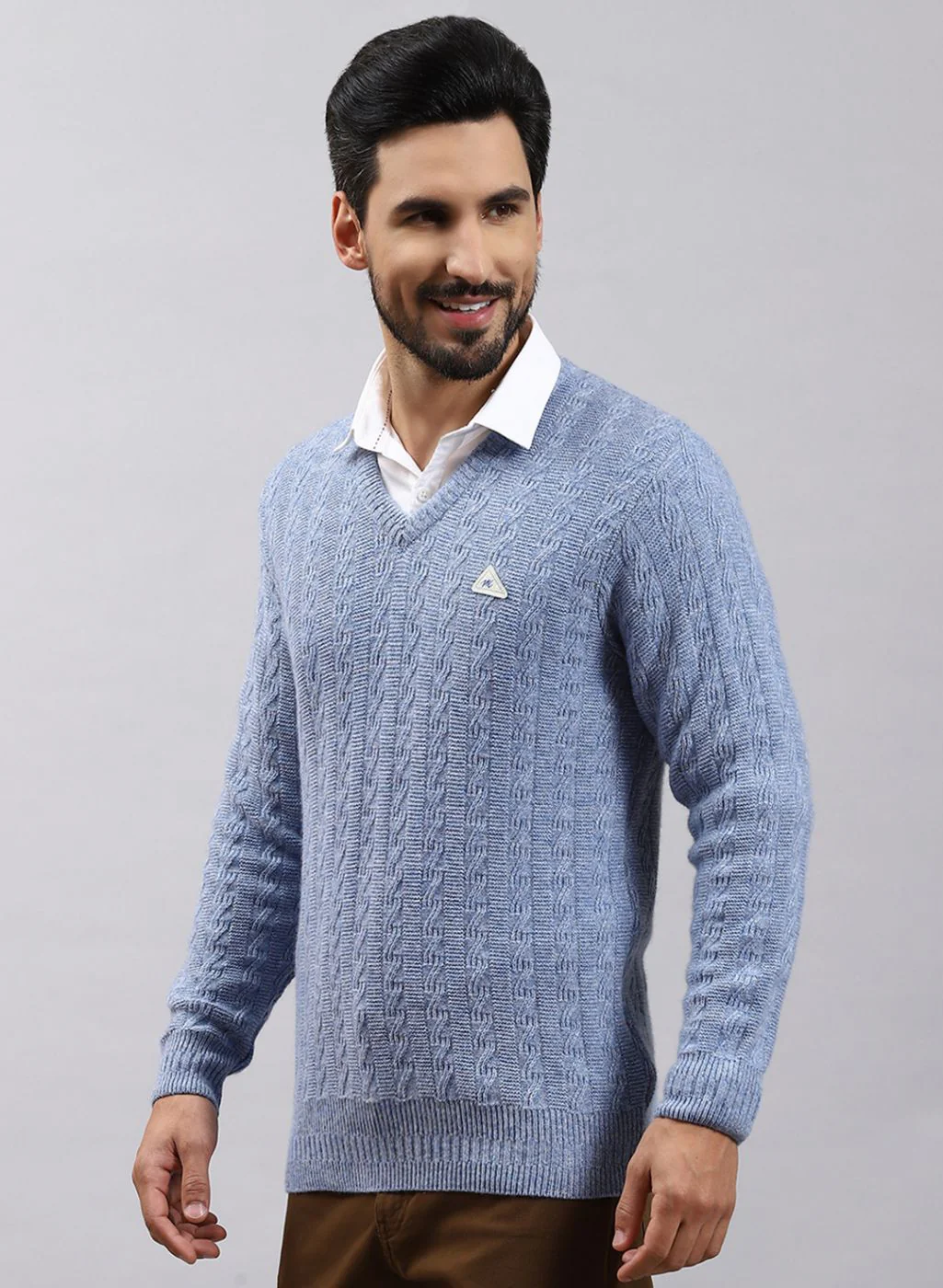 Men Blue Self Design Lamb wool Pullover - Image 3