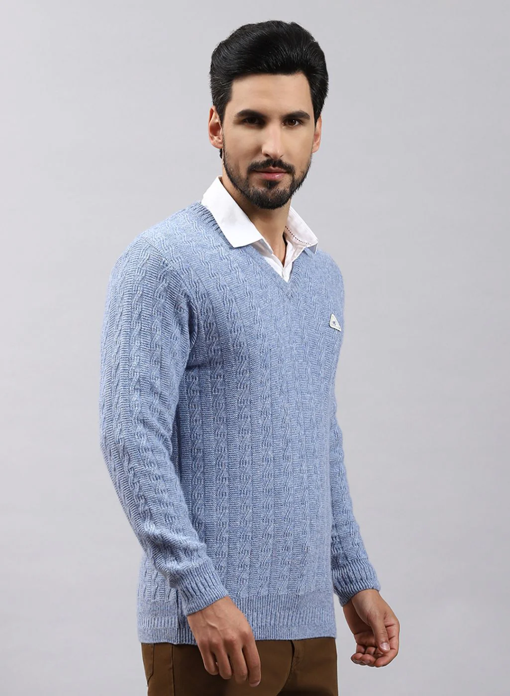 Men Blue Self Design Lamb wool Pullover - Image 4
