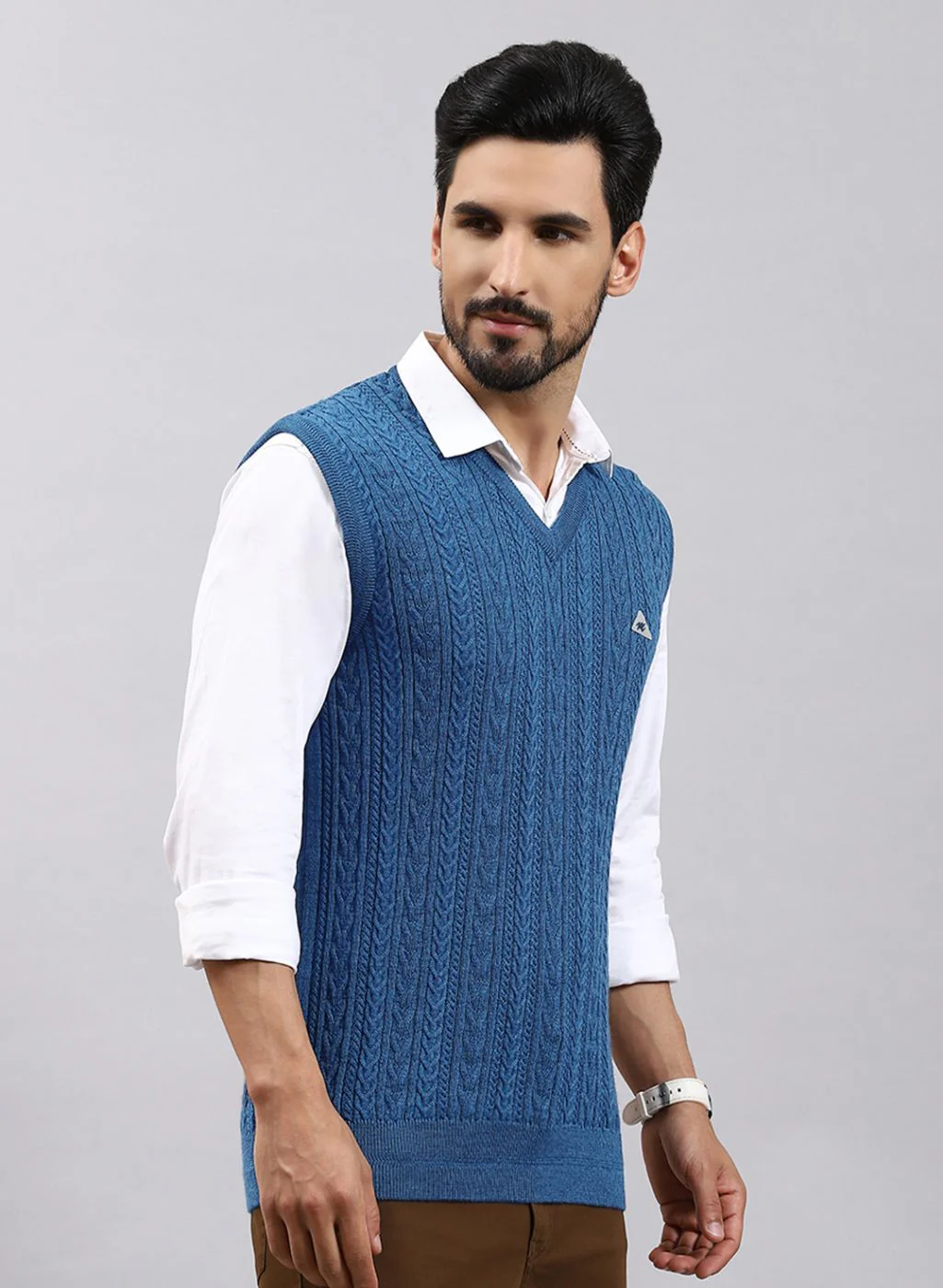 Men Blue Self Design Pure wool Sweater - Image 4