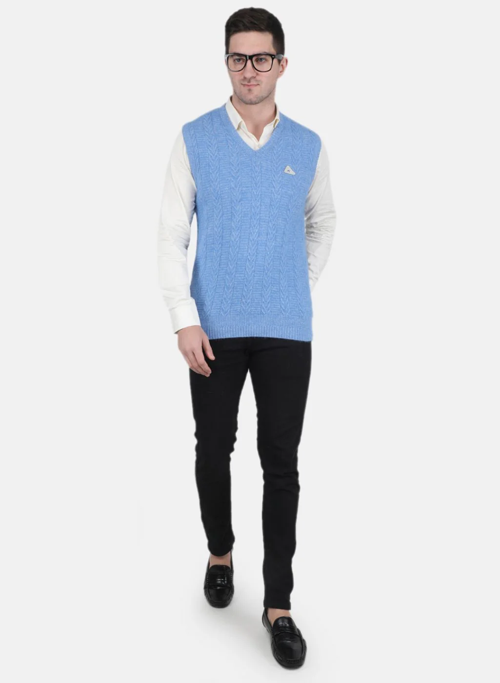 Men Blue Self Design Sweater - Image 4