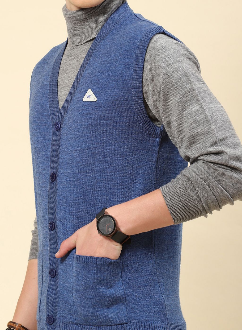 Men Blue Solid Blend wool Cardigan - Image 6