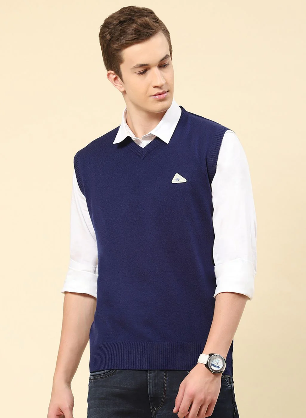 Men Blue Solid Blend wool Sweater - Image 2