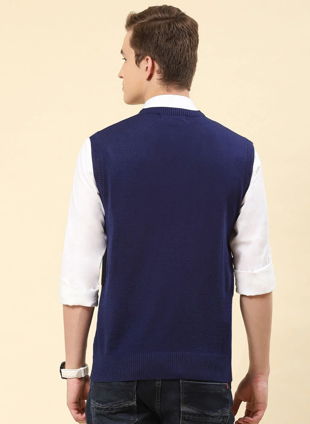 Men Blue Solid Blend wool Sweater - Image 5