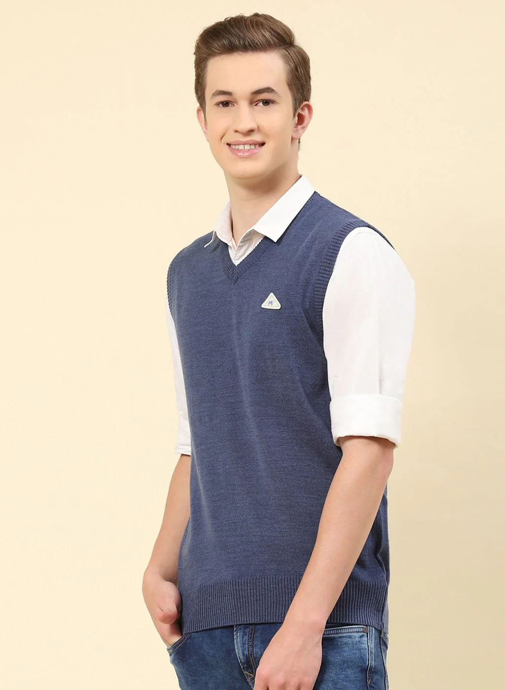 Men Blue Solid Blend wool Sweater - Image 3