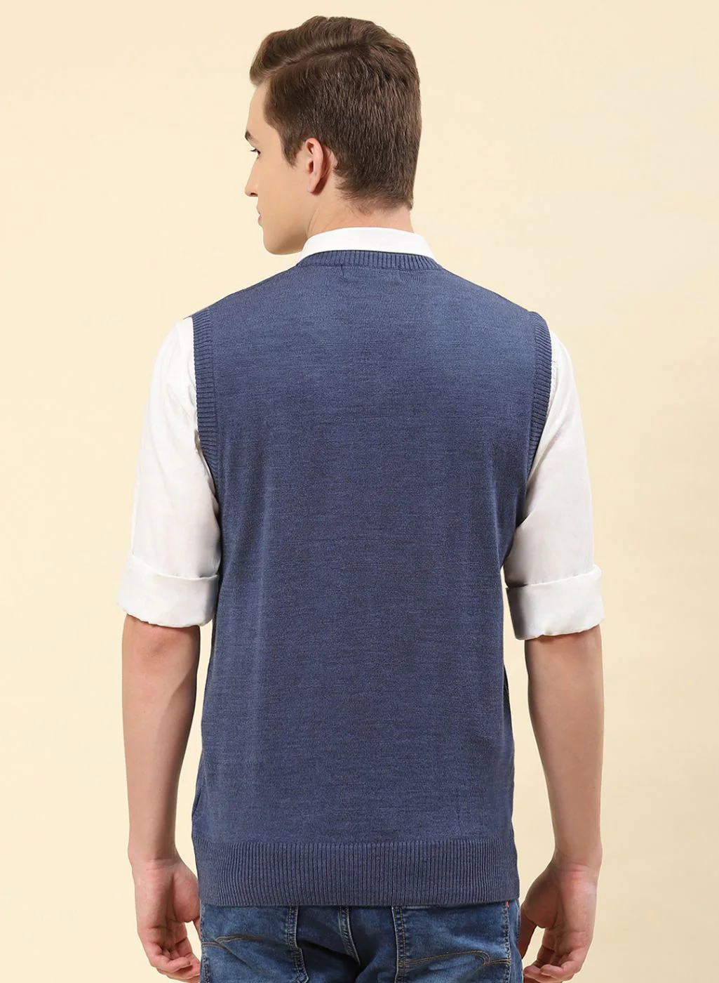 Men Blue Solid Blend wool Sweater - Image 5
