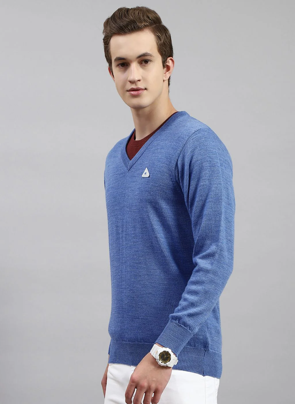Men Blue Solid Pure wool Pullover - Image 3