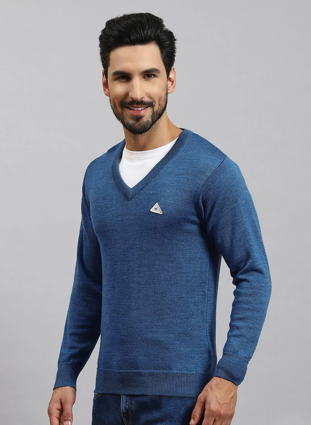 Men Blue Solid Pure wool Pullover - Image 3