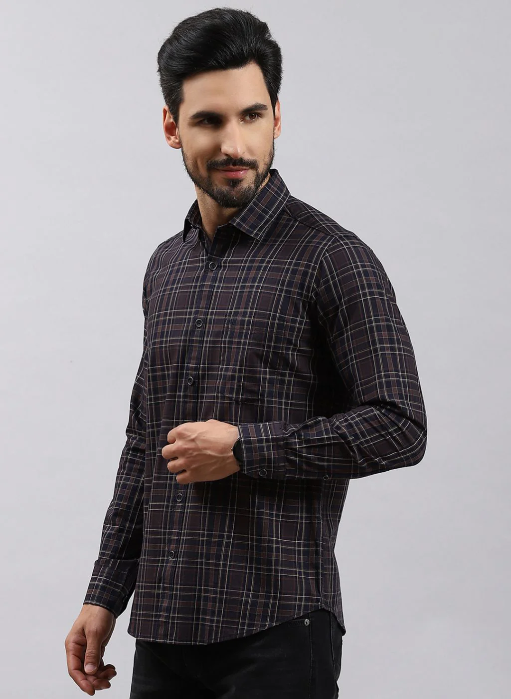 Men Brown Check Pure Cotton Shirt - Image 3