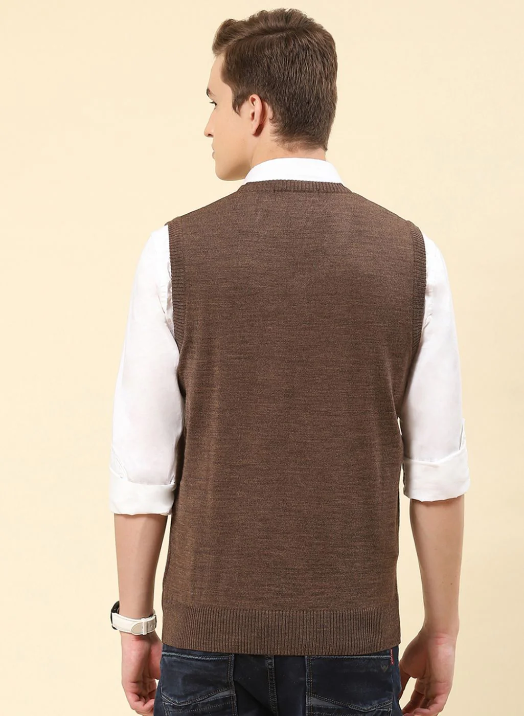 Men Brown Solid Blend wool Sweater - Image 5