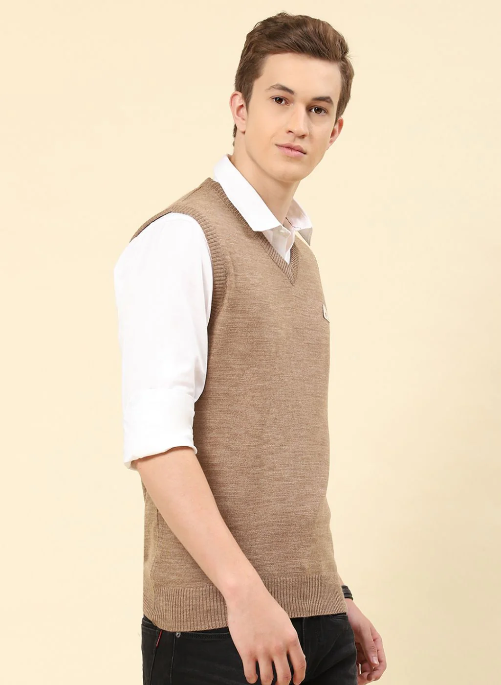 Men Brown Solid Blend wool Sweater - Image 4