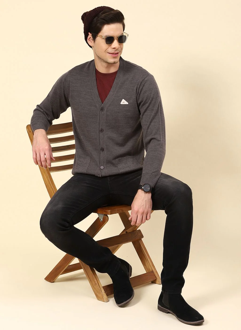 Men Brown Solid Wool blend Cardigan - Image 2