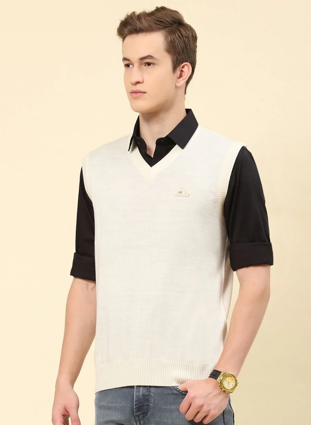Men Cream Solid Blend wool Sweater - Image 3