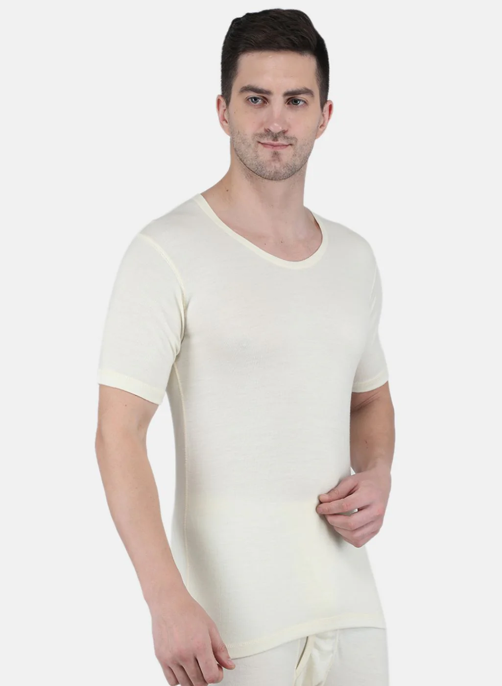 Men Cream Solid Thermal Vest - Image 6