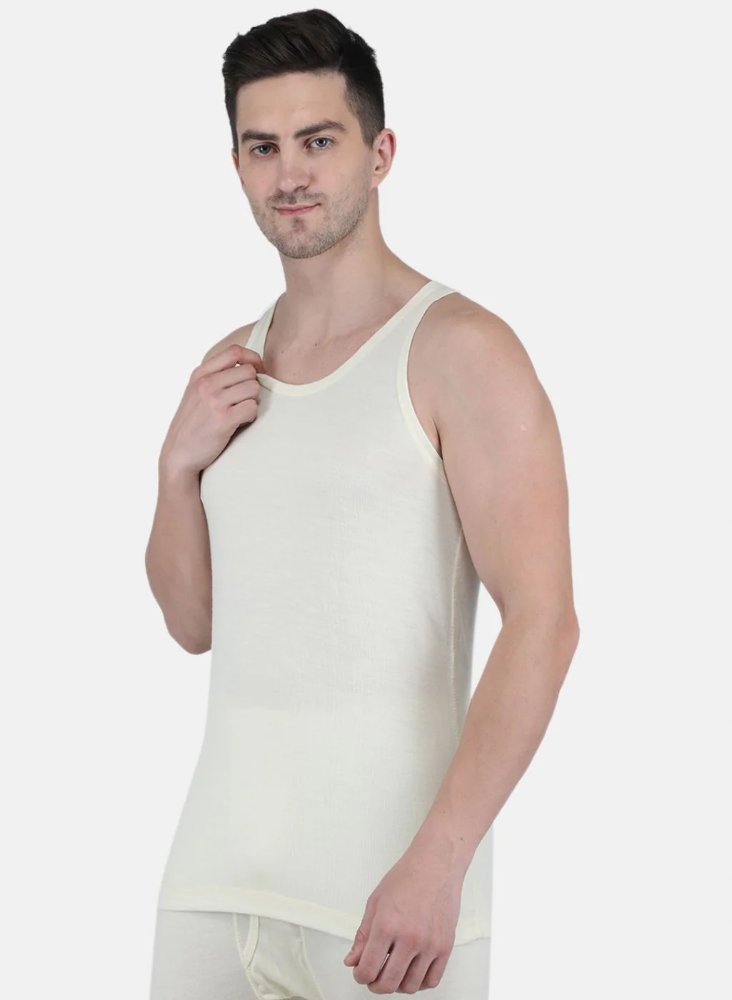 Men Cream Solid Thermal Vest - Image 2