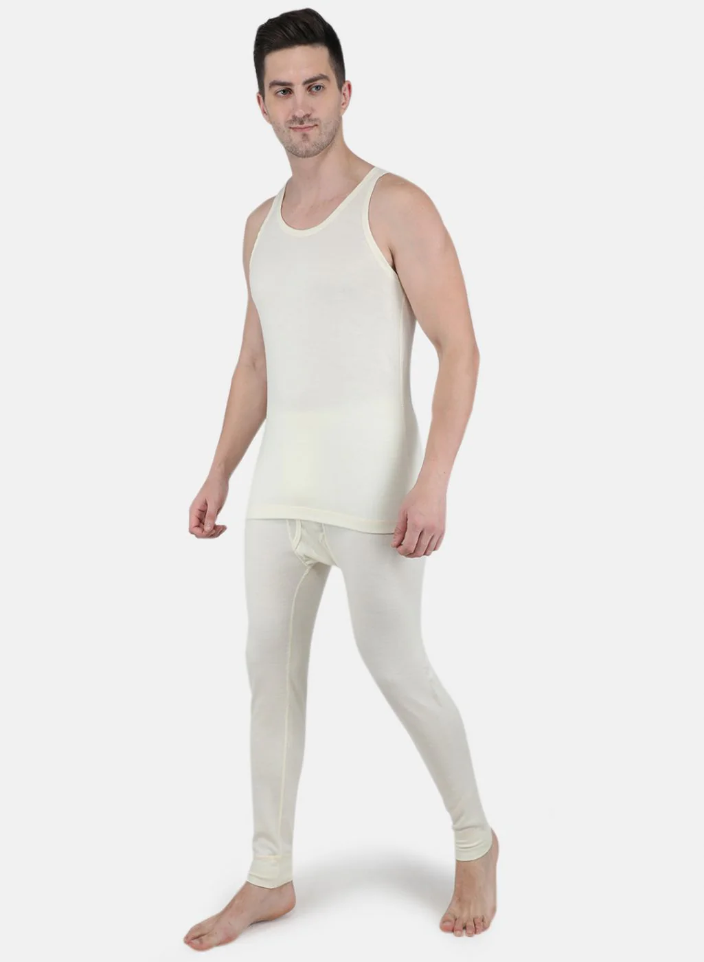 Men Cream Solid Thermal Vest - Image 4