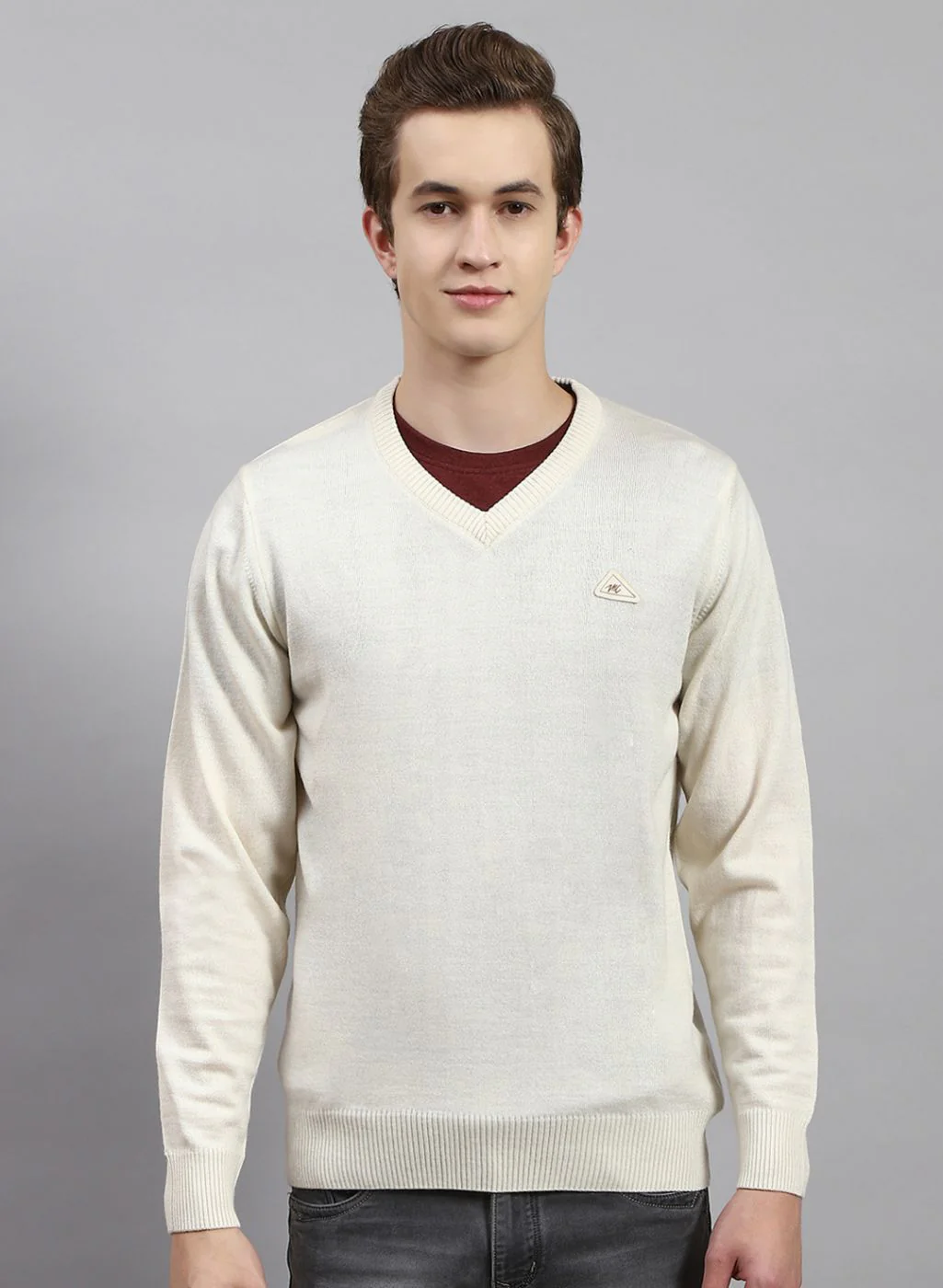 Men Cream Solid Wool blend Pullover - Image 2