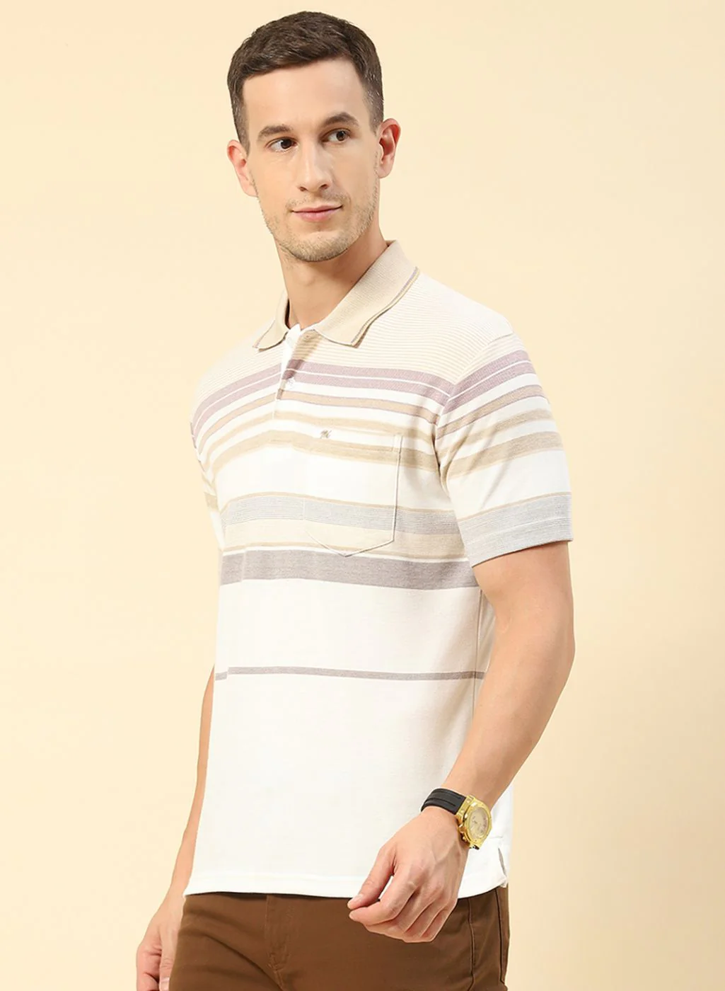 Men Cream Stripe T-Shirt - Image 2