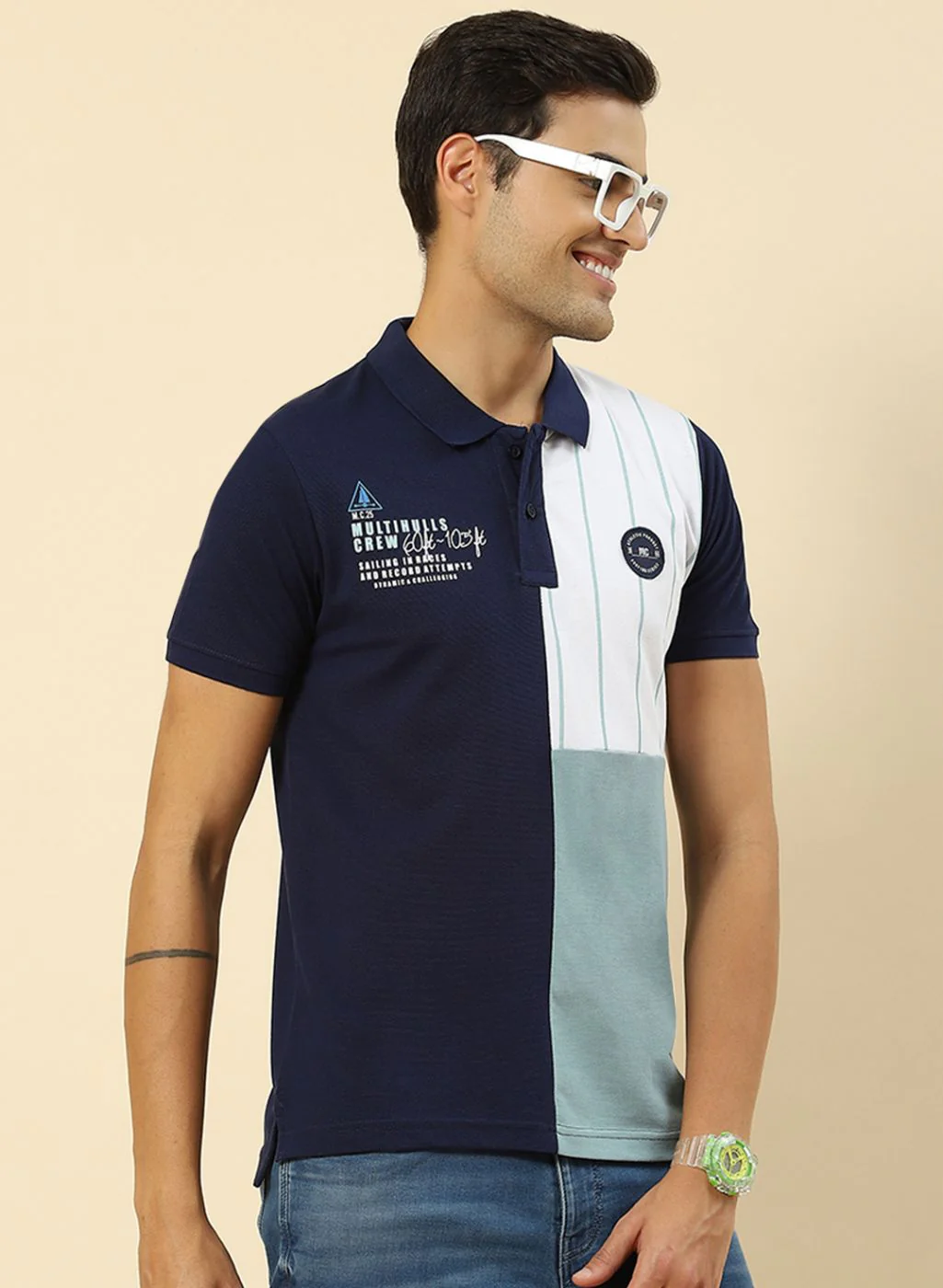 Men Blue Printed Collar Half Sleeve T-Shirt - Image 3