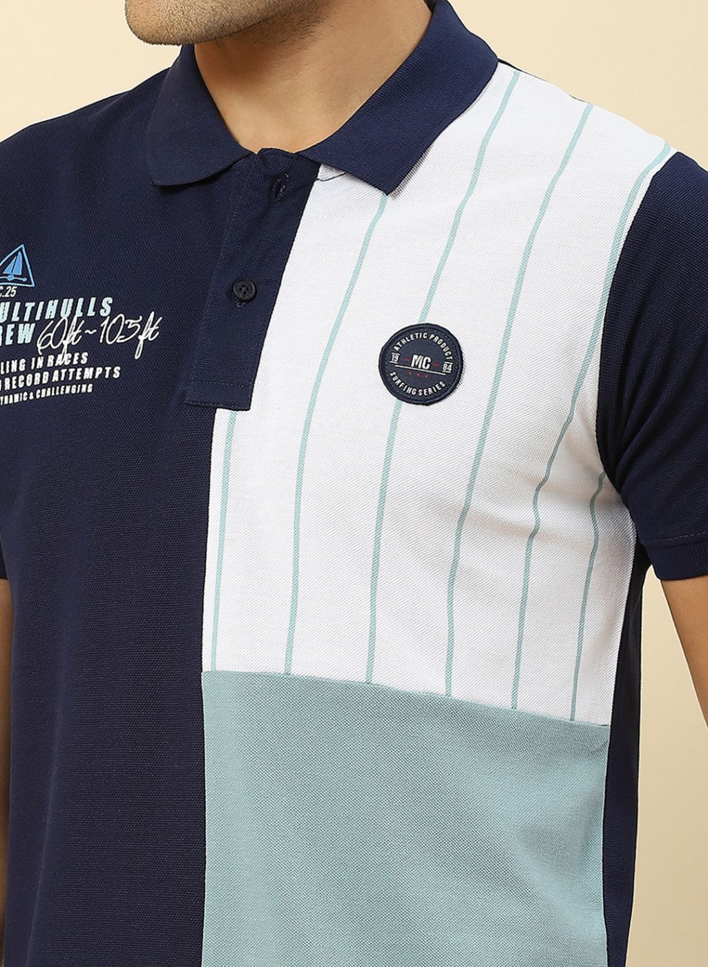 Men Blue Printed Collar Half Sleeve T-Shirt - Image 6
