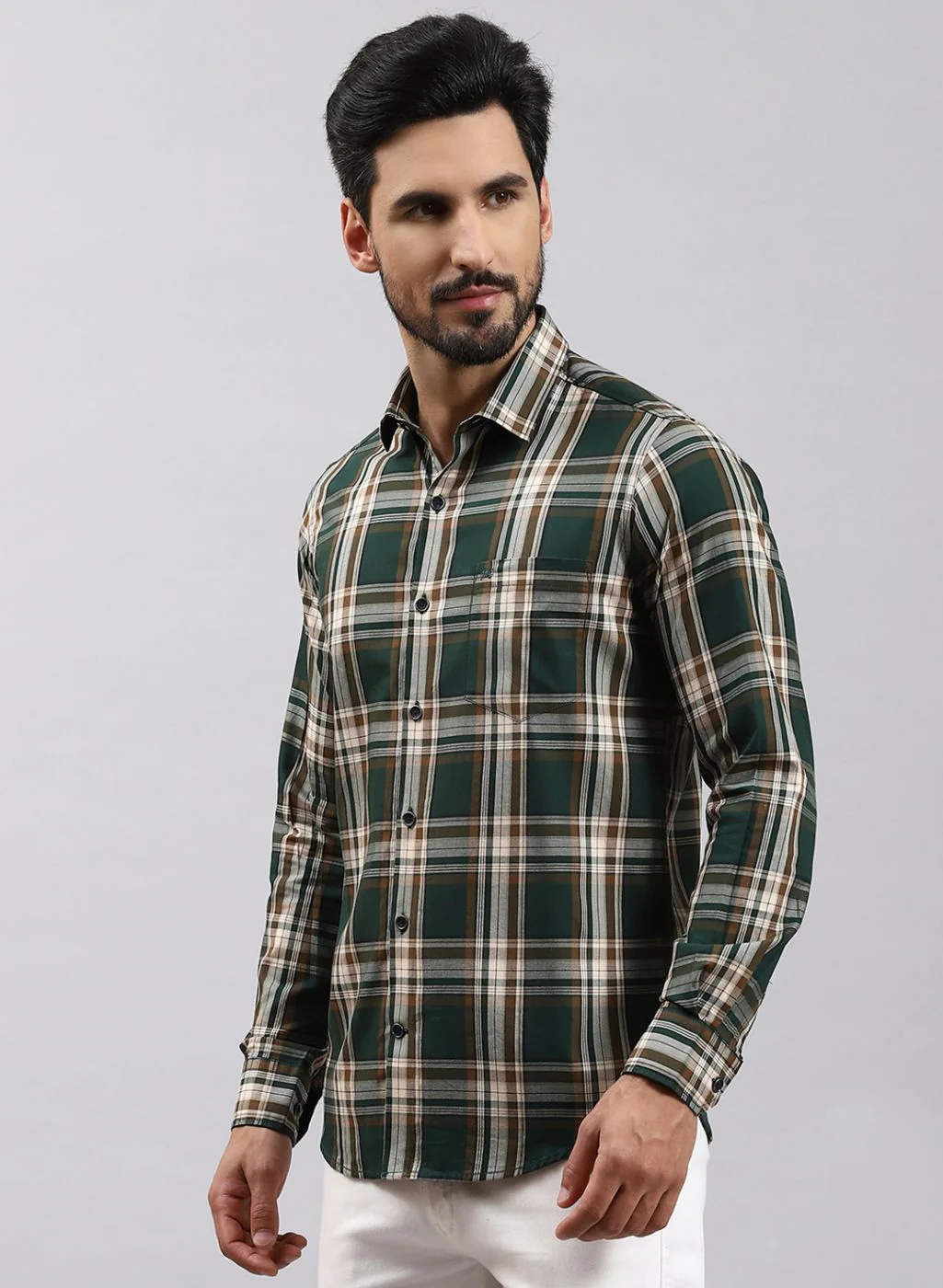 Men Green Check Pure Cotton Shirt - Image 3