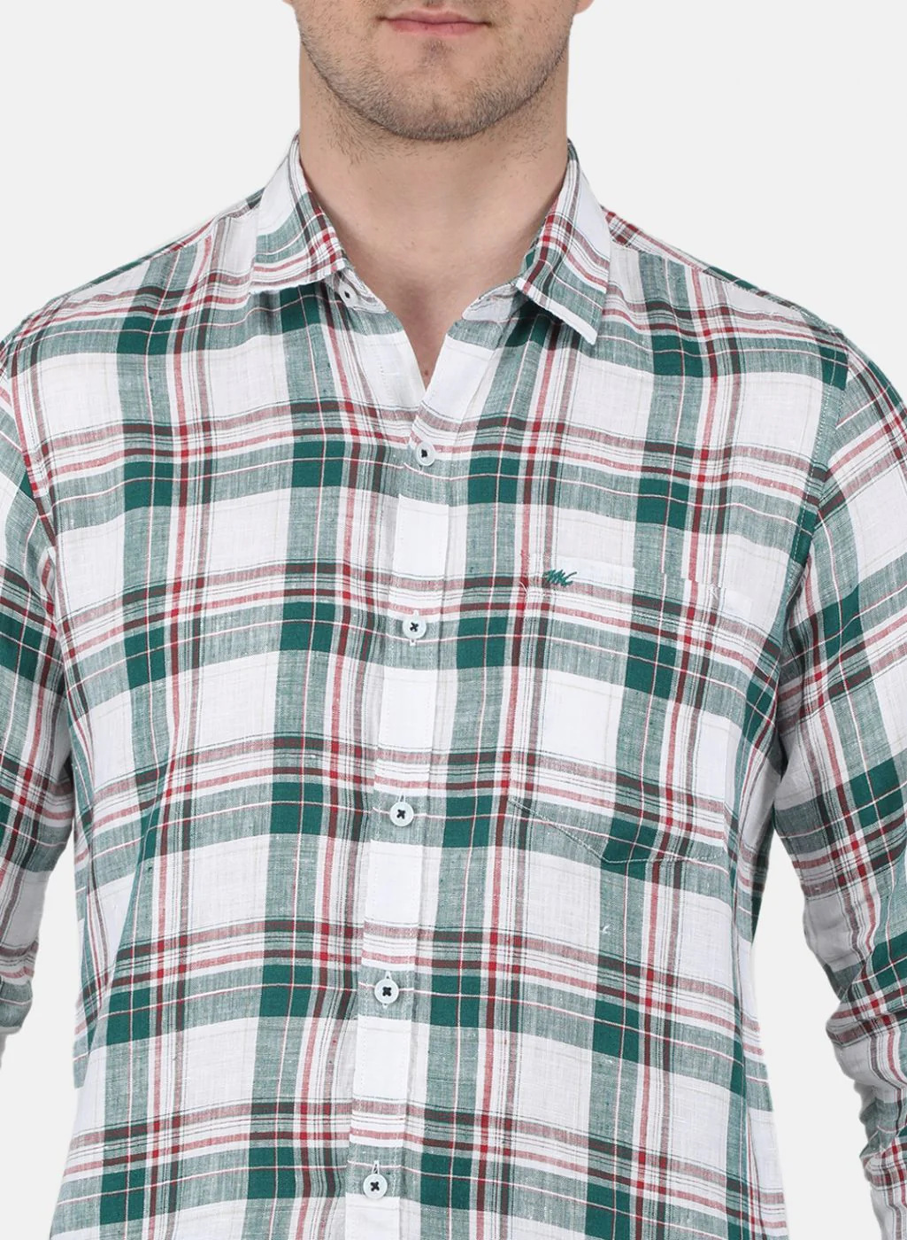 Men Green Check Linen Shirt - Image 5