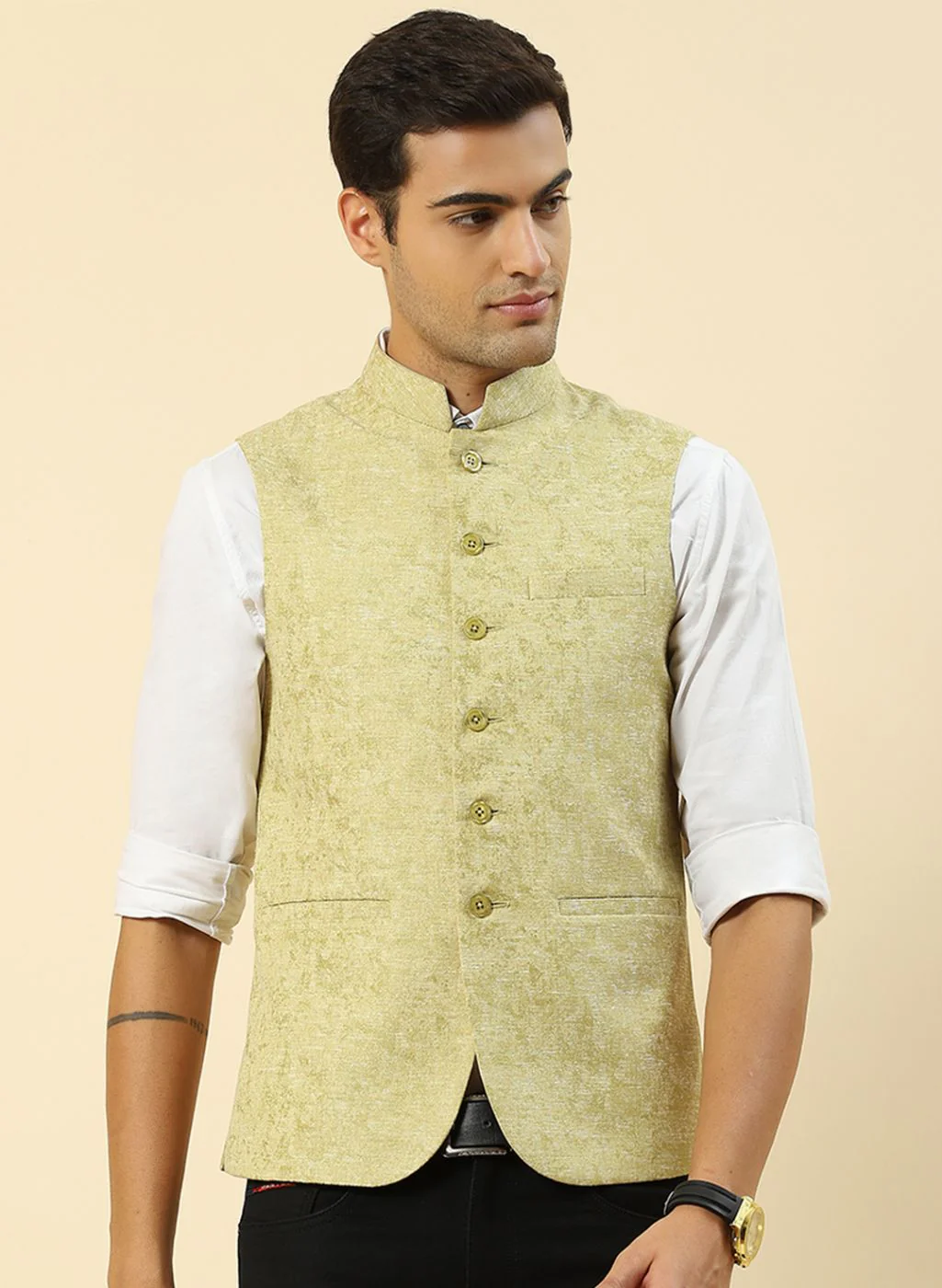 Men Green Jaquard Coat - Image 2