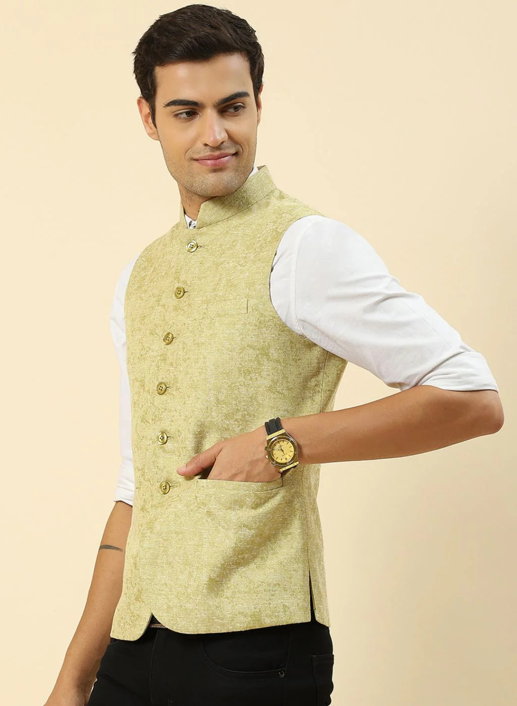 Men Green Jaquard Coat - Image 3