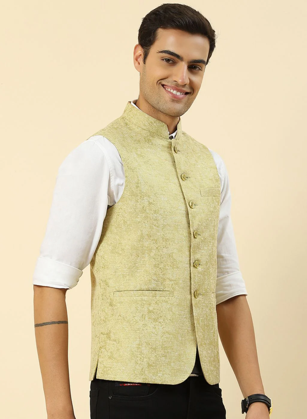 Men Green Jaquard Coat - Image 4