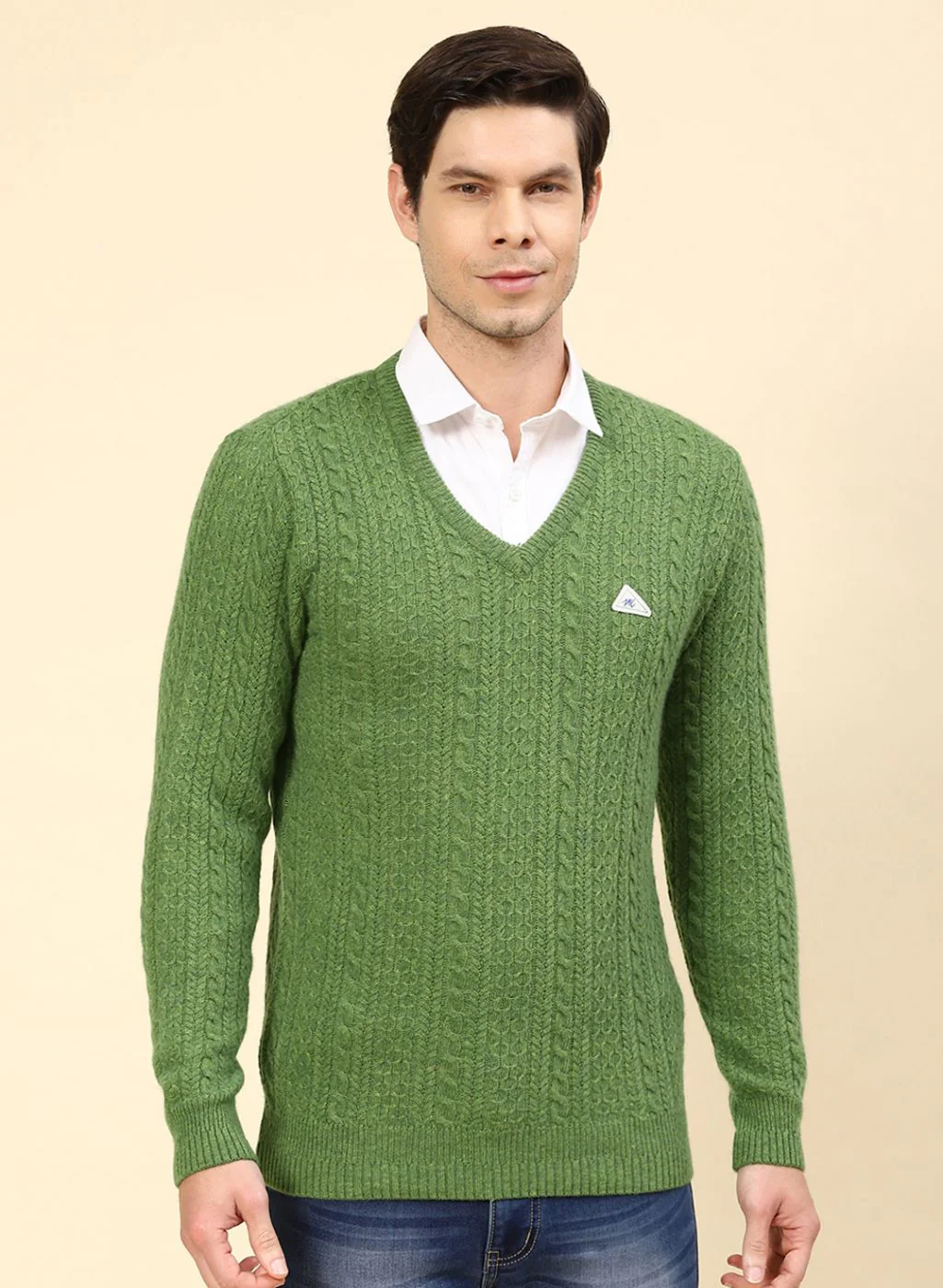 Men Green Self Design Lamb wool Pullover - Image 2