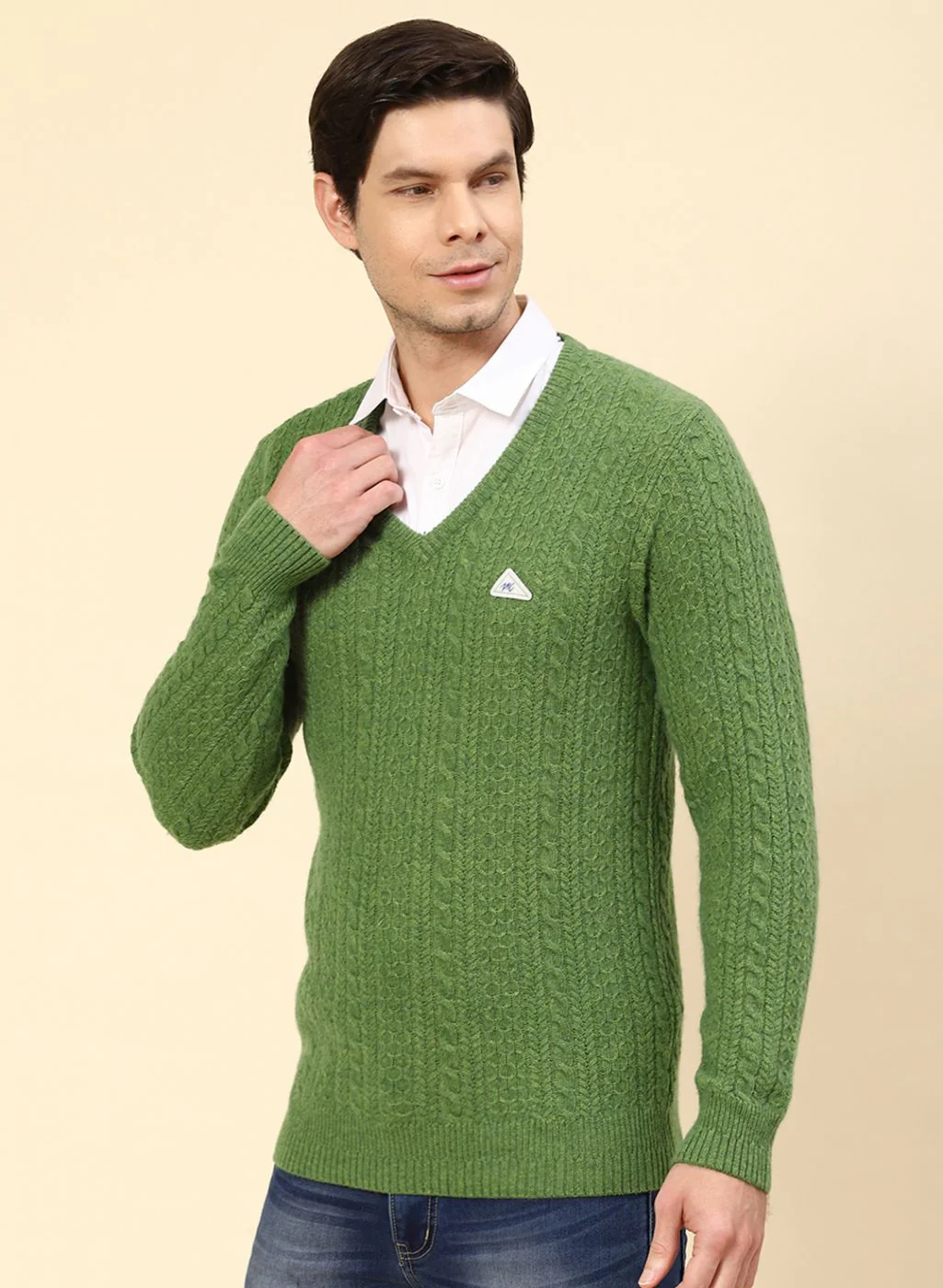 Men Green Self Design Lamb wool Pullover - Image 3