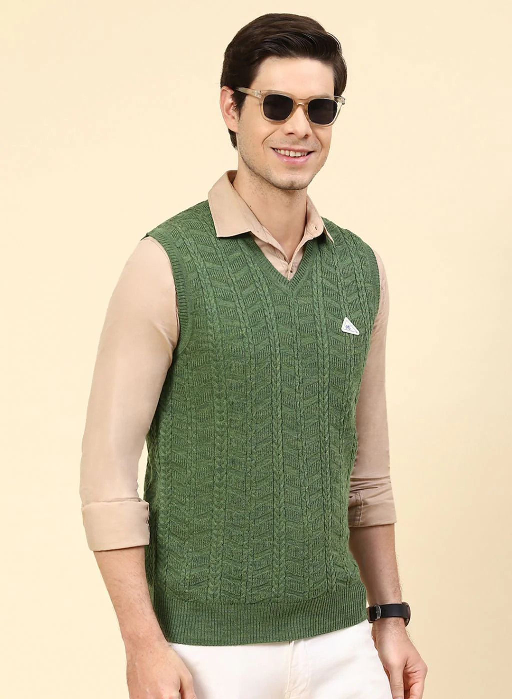 Men Green Self Design Wool blend Sweater - Image 4