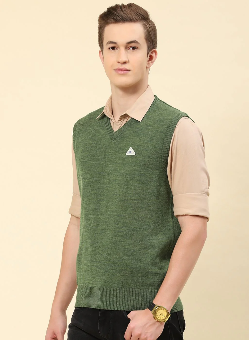 Men Green Solid Blend wool Sweater - Image 3
