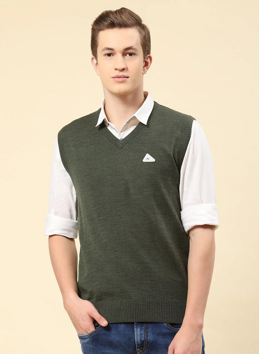 Men Green Solid Blend wool Sweater - Image 2