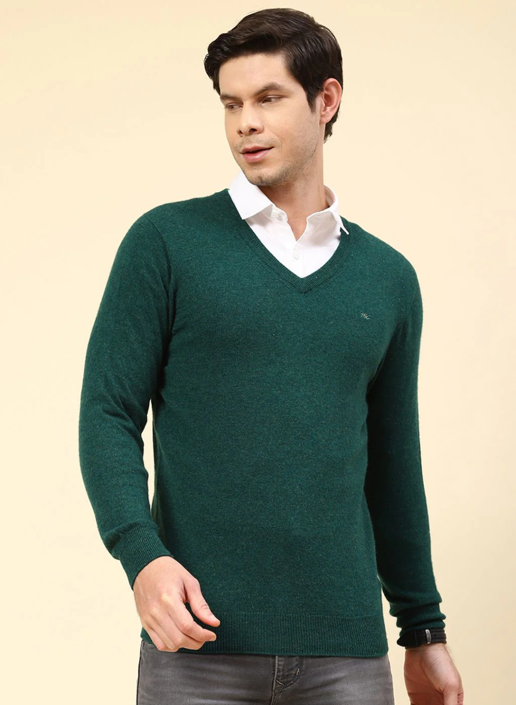 Men Green Solid Lamb wool Pullover - Image 2