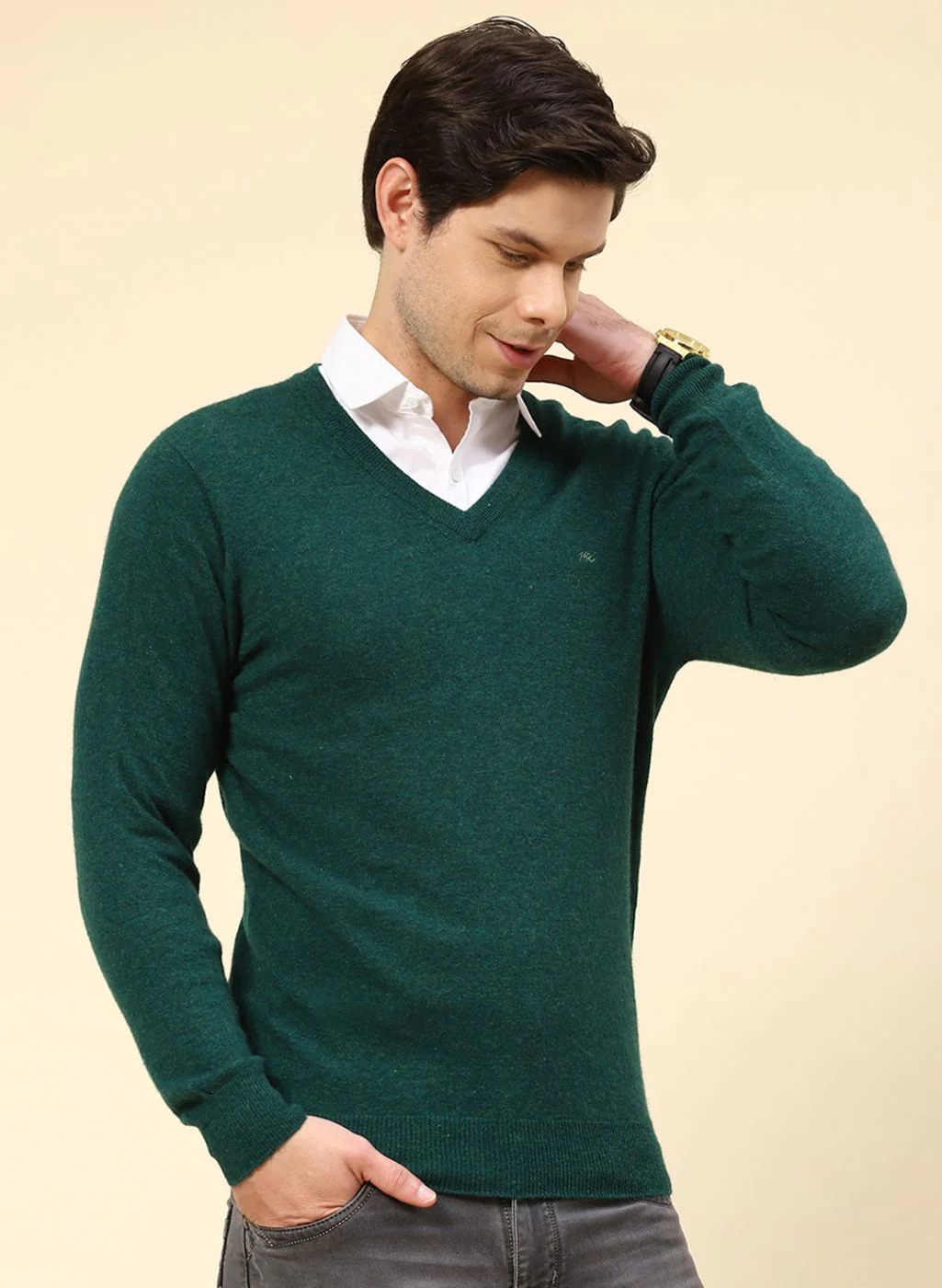 Men Green Solid Lamb wool Pullover - Image 4