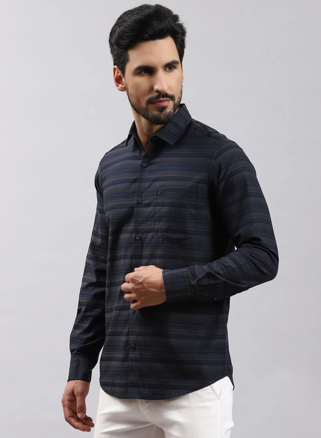 Men Green Stripe Pure Cotton Shirt - Image 3
