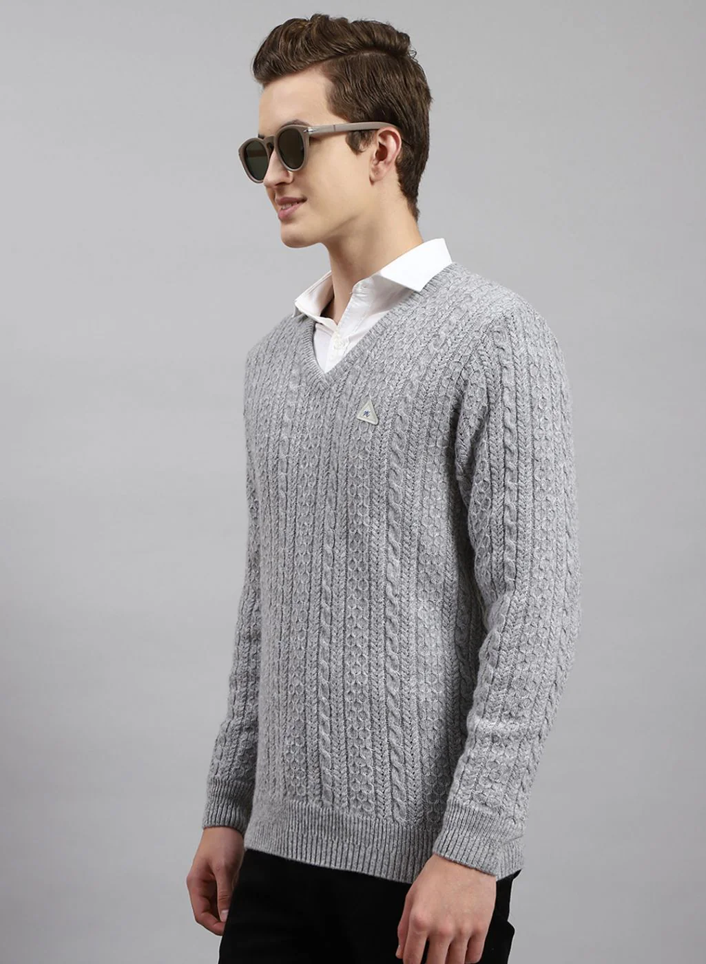 Men Grey Self Design Lamb wool Pullover - Image 3