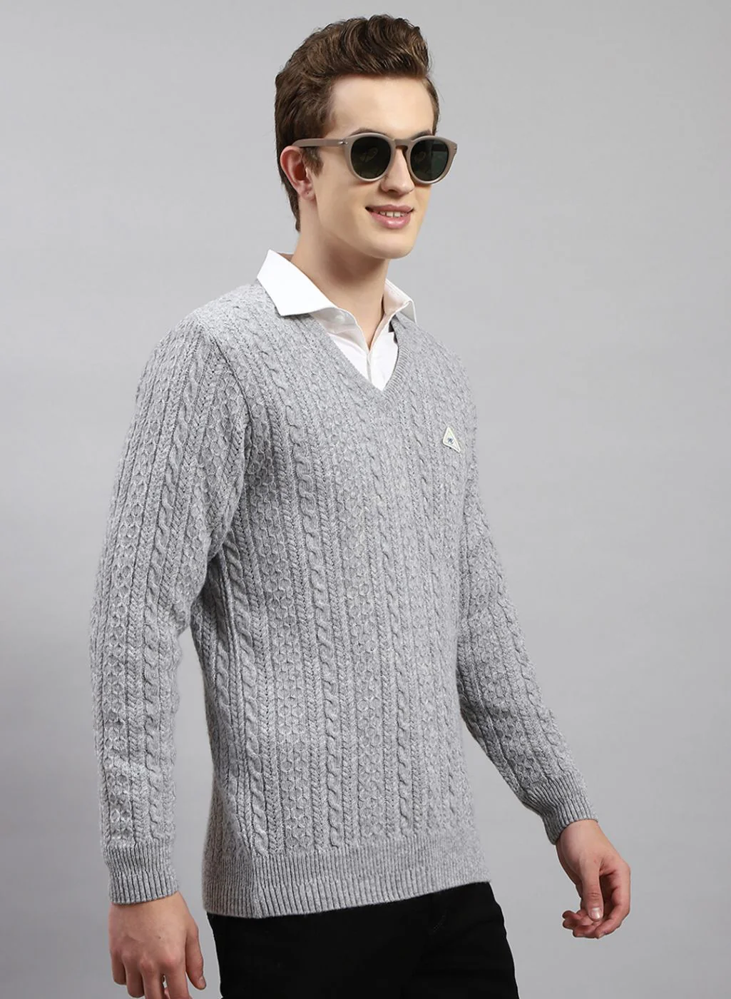 Men Grey Self Design Lamb wool Pullover - Image 4