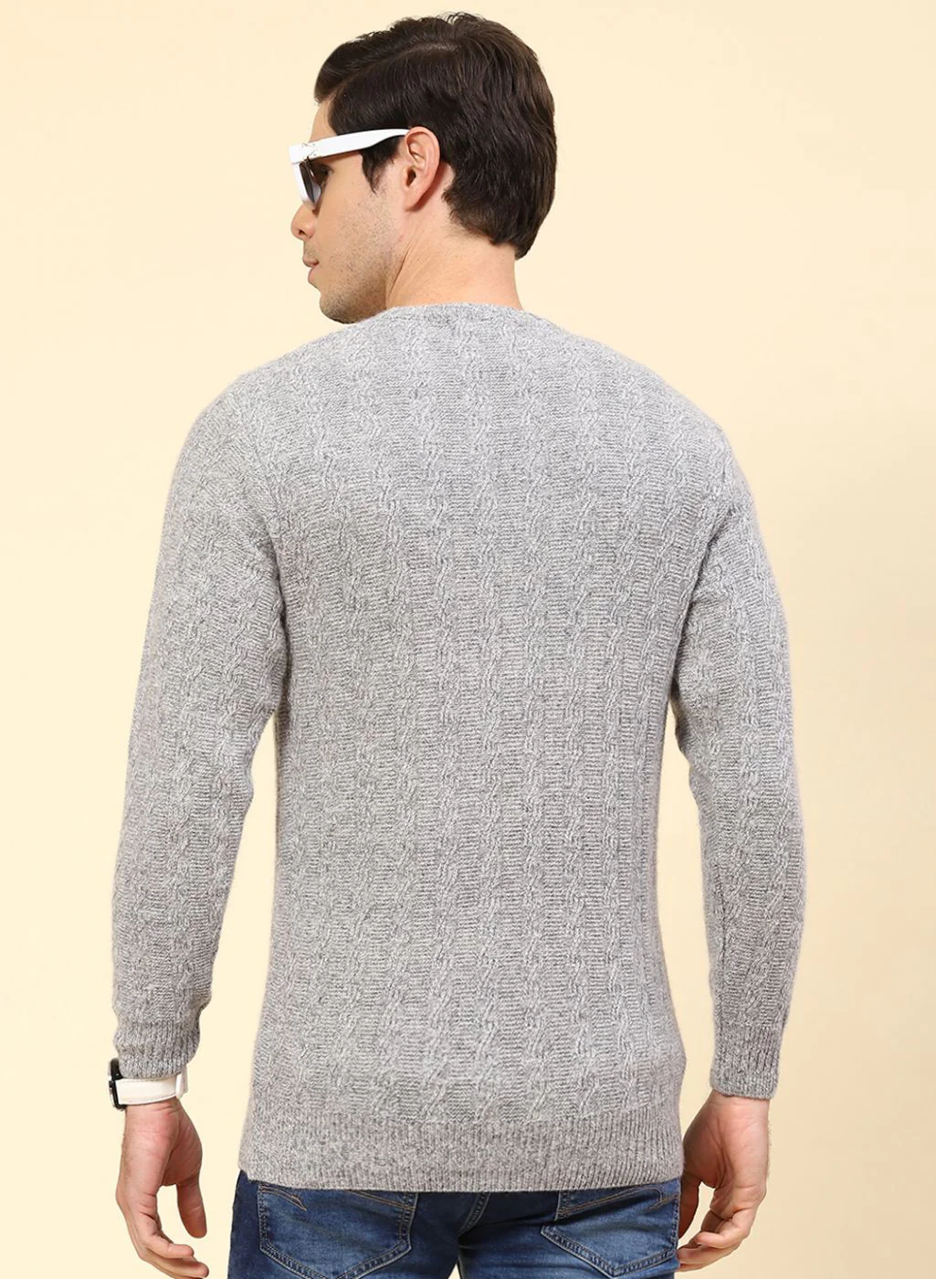 Men Grey Self Design Lamb wool Pullover - Image 5