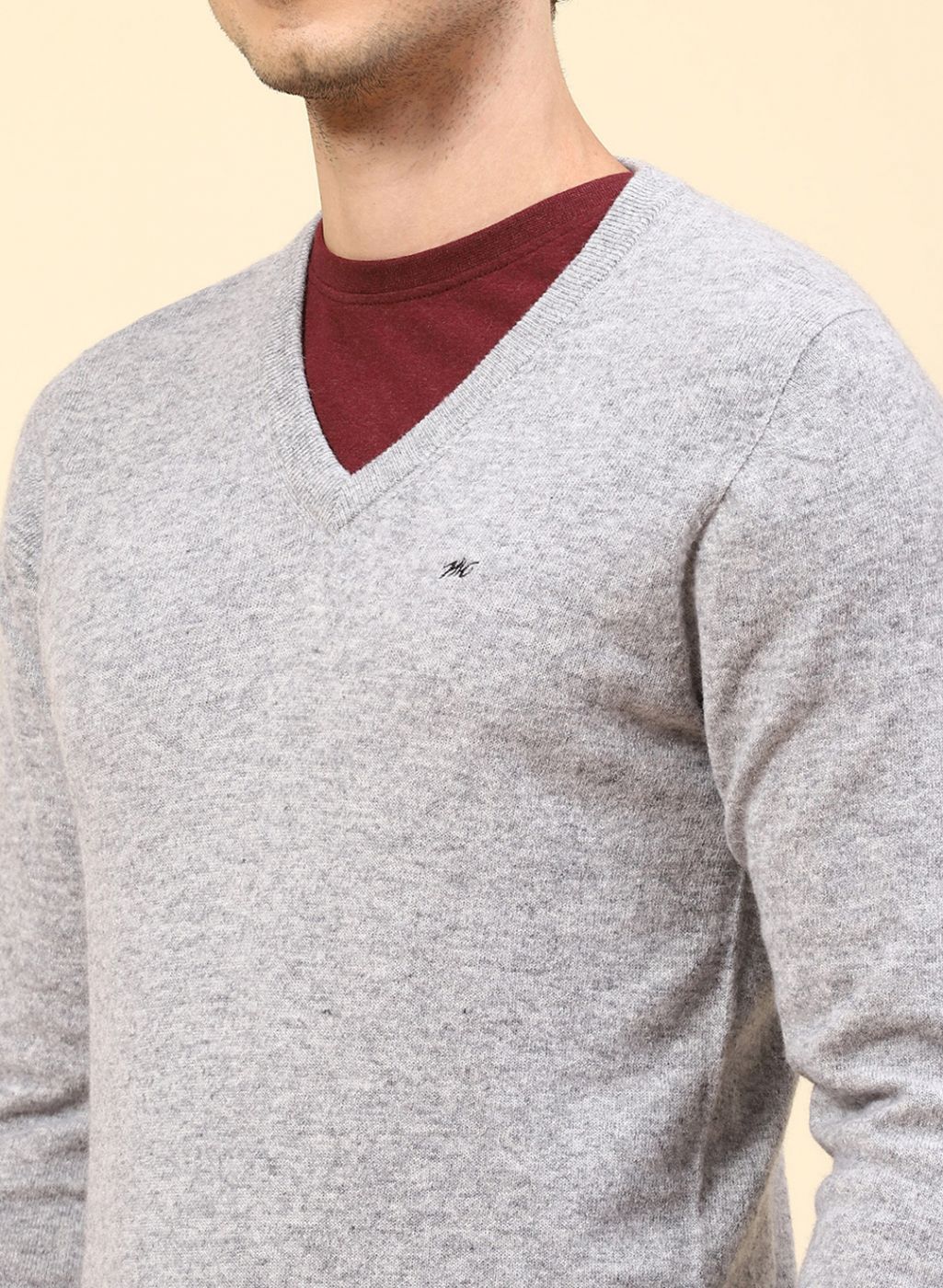 Men Grey Solid Lamb wool Pullover - Image 6