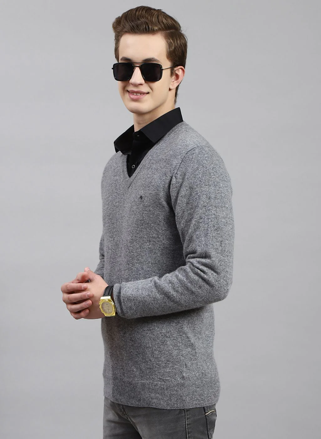 Men Grey Solid Lamb wool Pullover - Image 3