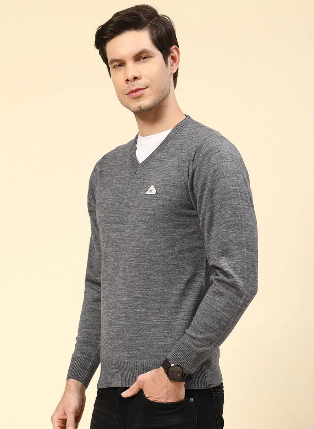 Men Grey Solid Wool blend Pullover - Image 3