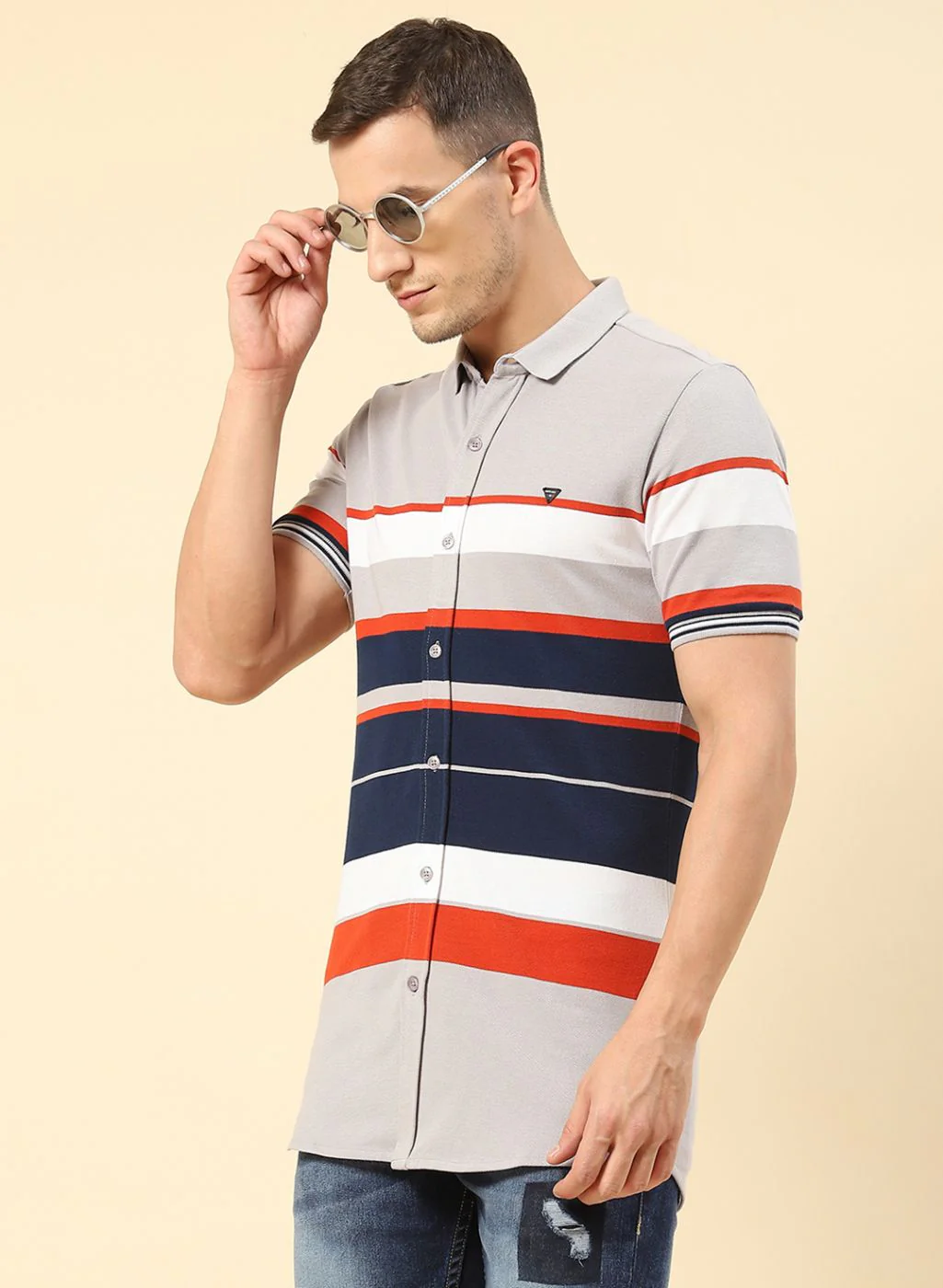 Men Grey Stripe Knitted Shirt - Image 2