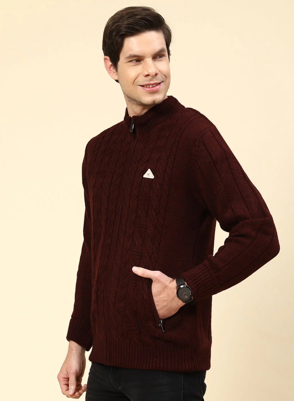 Men Maroon Self Design Wool blend Jacket - Image 3